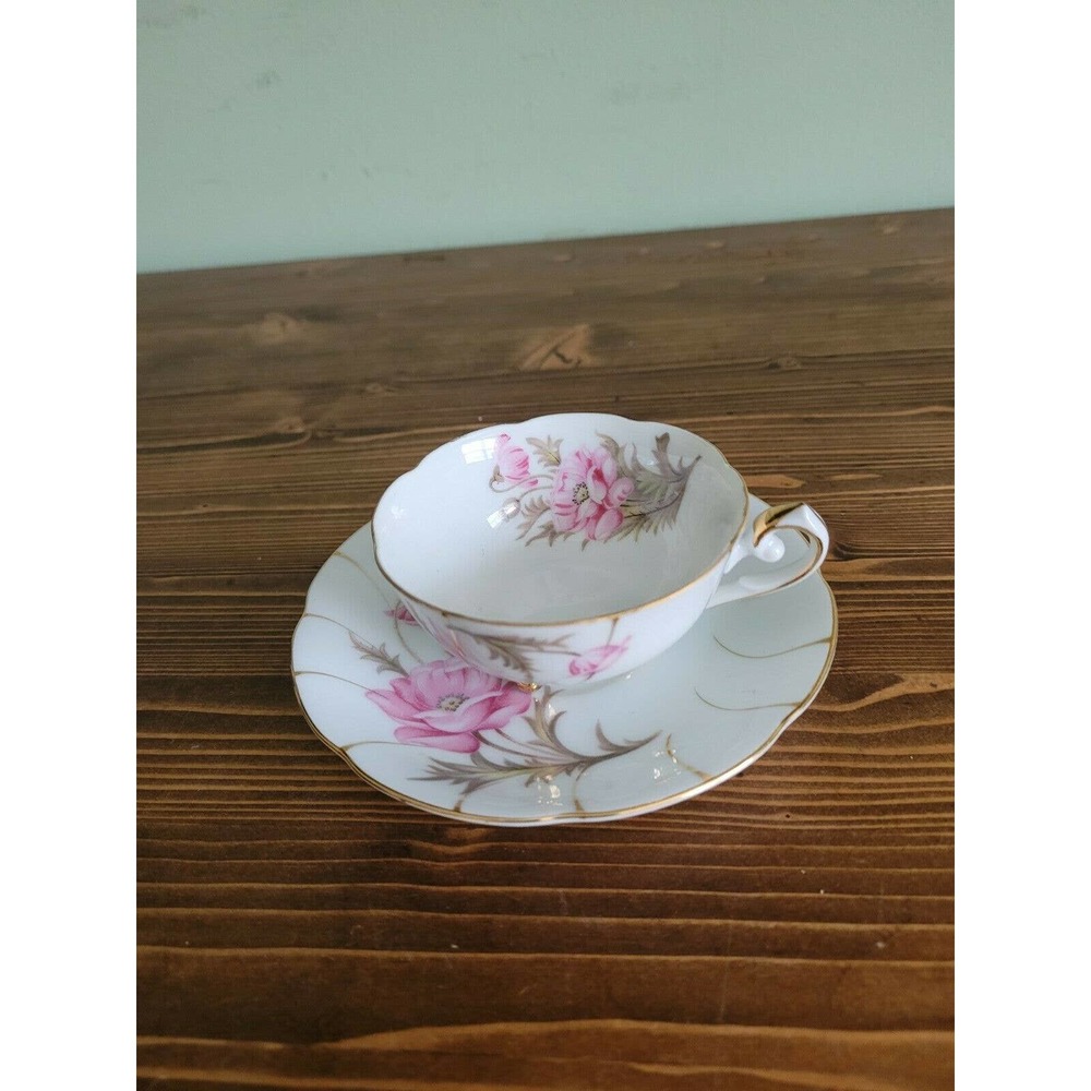 Cherry China Demitasse Poppy Coffee Teacup & Saucer Set Made in Japan